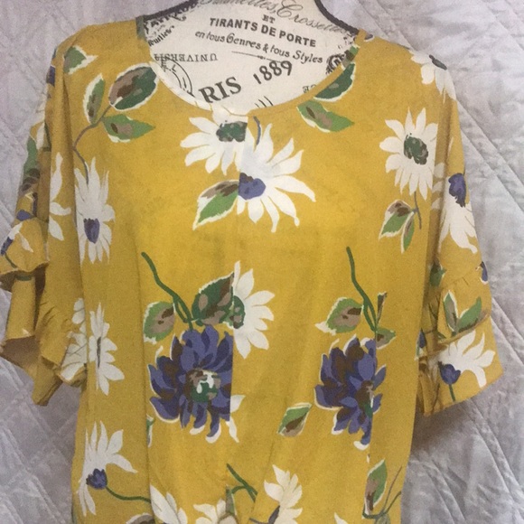 Jennie & Marlis Autumn Tie Blouse yellow with blue flowers size Large - Picture 2 of 14
